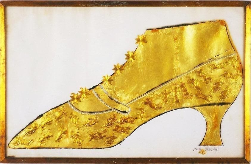 Andy Warhol, Large Gold Shoe, 1957, Ink, gold leaf, and gold collage on paper