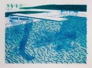 Lithograph of water made of thick and thin lines and two light blue washes, 1978-80, Lithograph by David Hockney